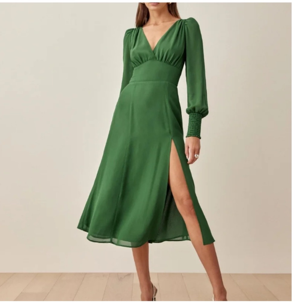 Reformation Green Midi Dress with Bishop Sleeves and V-Neck